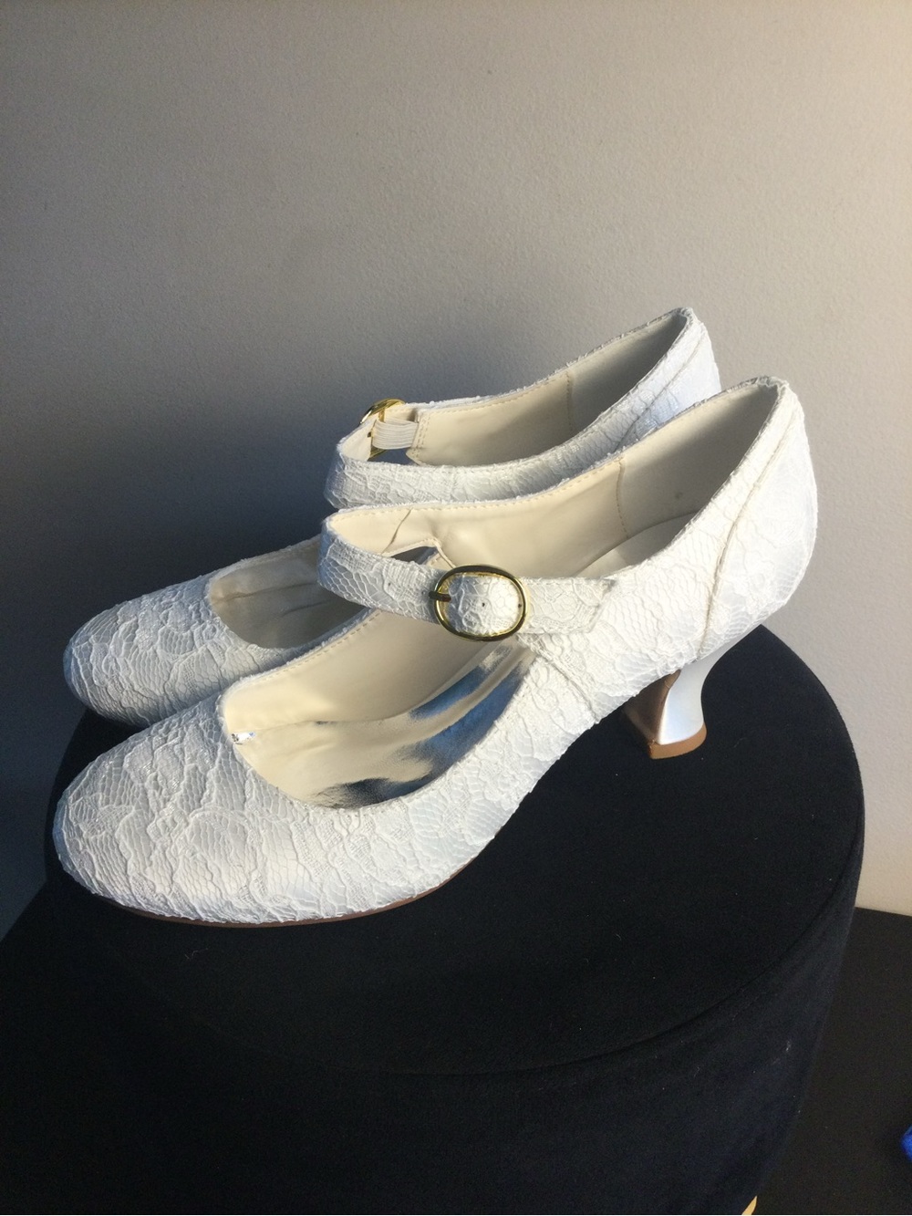 Classic White Lace Mary Jane Heels with Gold Buckle